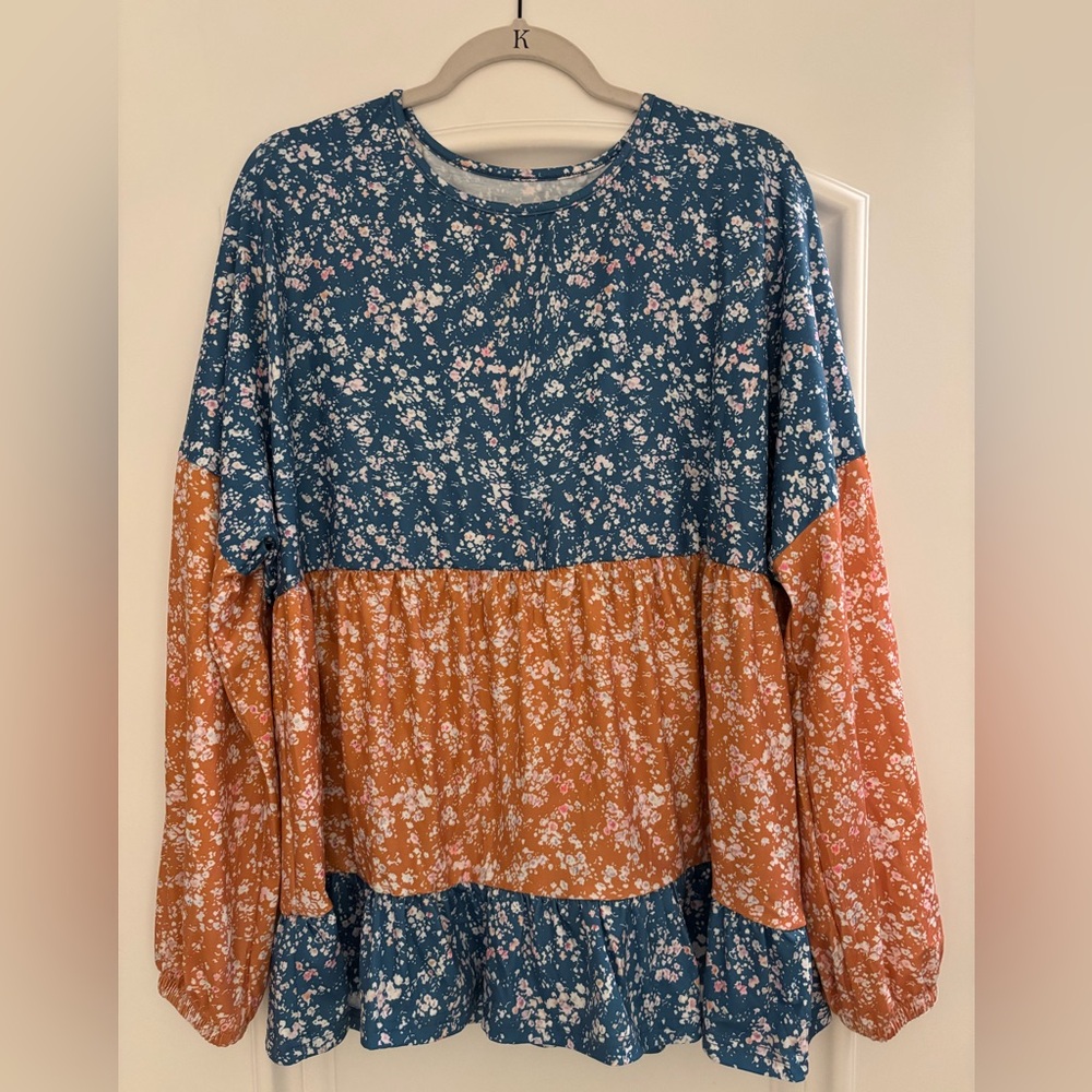 NWOT - Patchwork Ruffled Hem Blouse